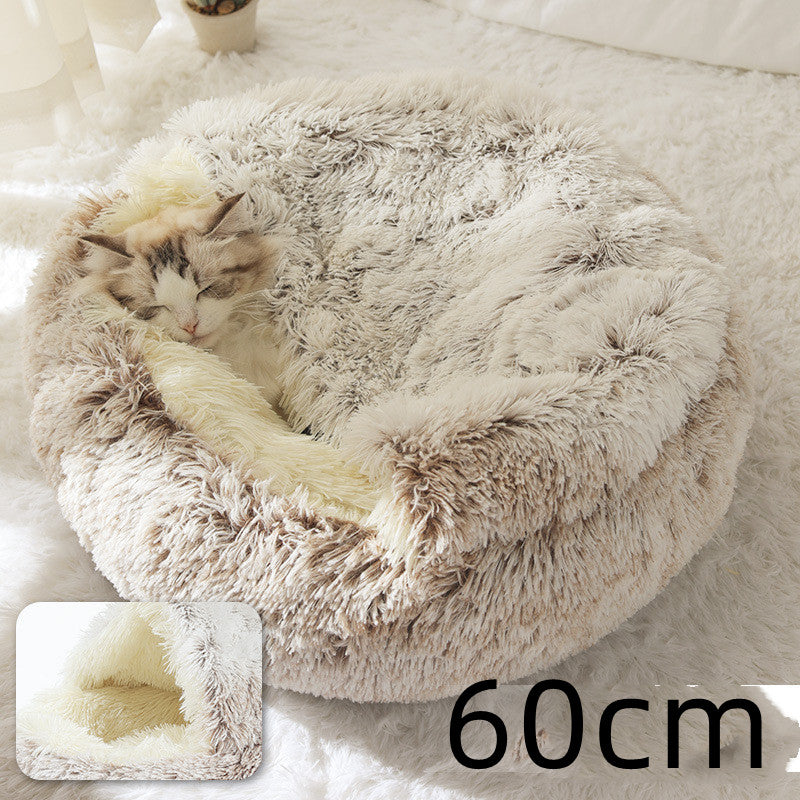 2 In 1 Round Plush Warm Pet Bed House For Winter Comfort