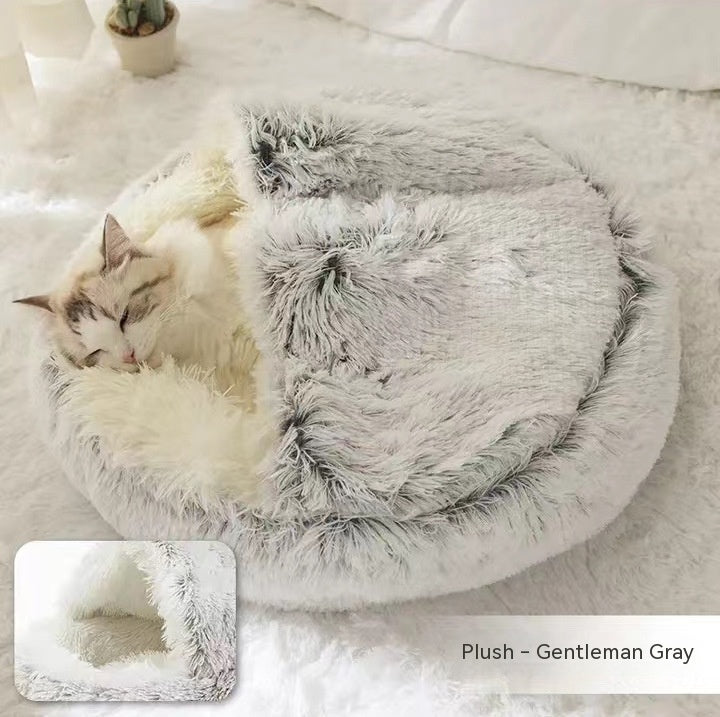 2 In 1 Round Plush Warm Pet Bed House For Winter Comfort