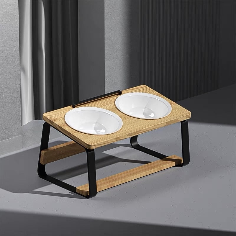 Pet Wooden Ceramic Bowl Rack Anti-Tumble Feeding Water Station