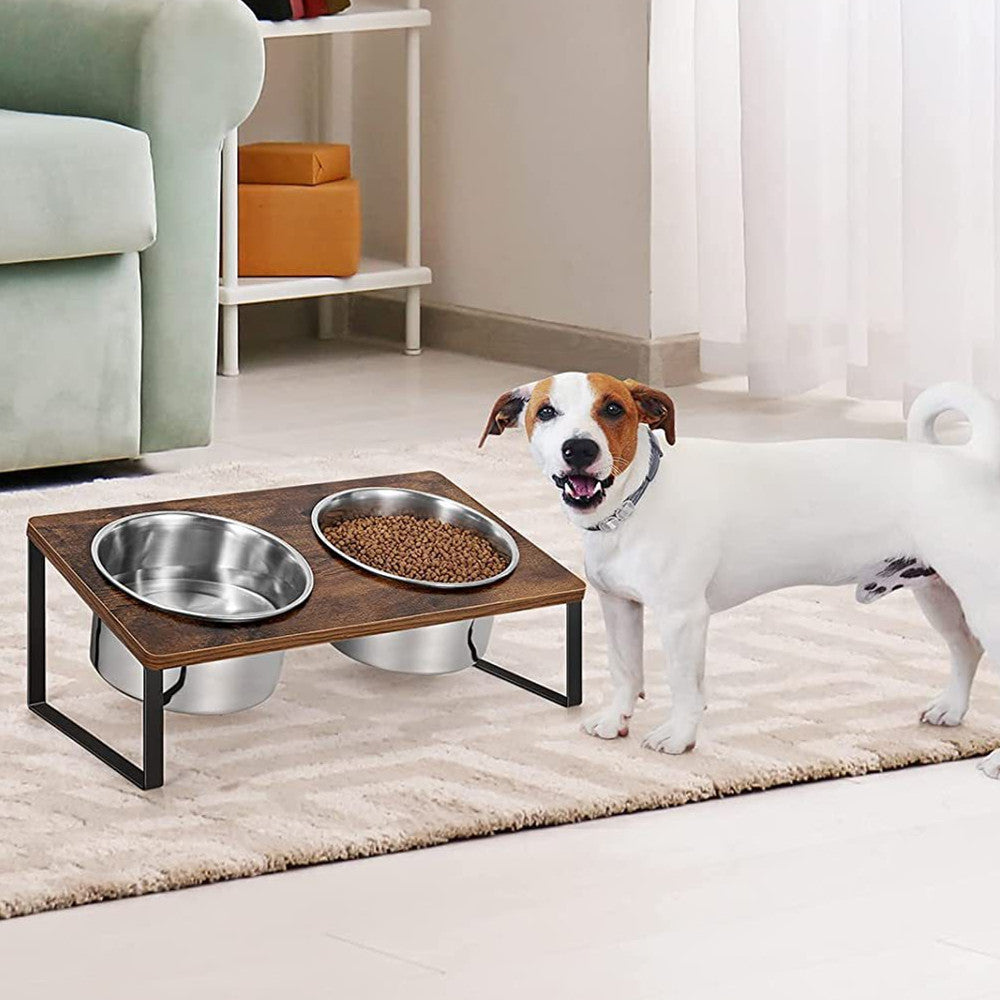 Wood And Iron Pet Feeding Bowl Stand Rack