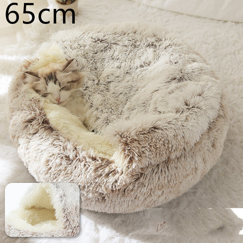 2 In 1 Round Plush Warm Pet Bed House For Winter Comfort