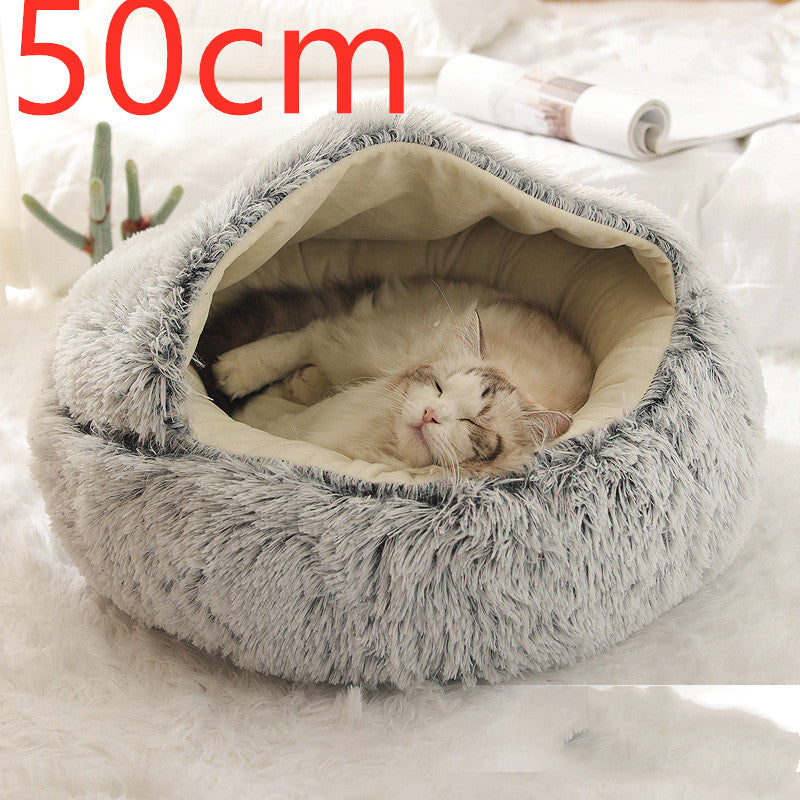 2 In 1 Round Plush Warm Pet Bed House For Winter Comfort