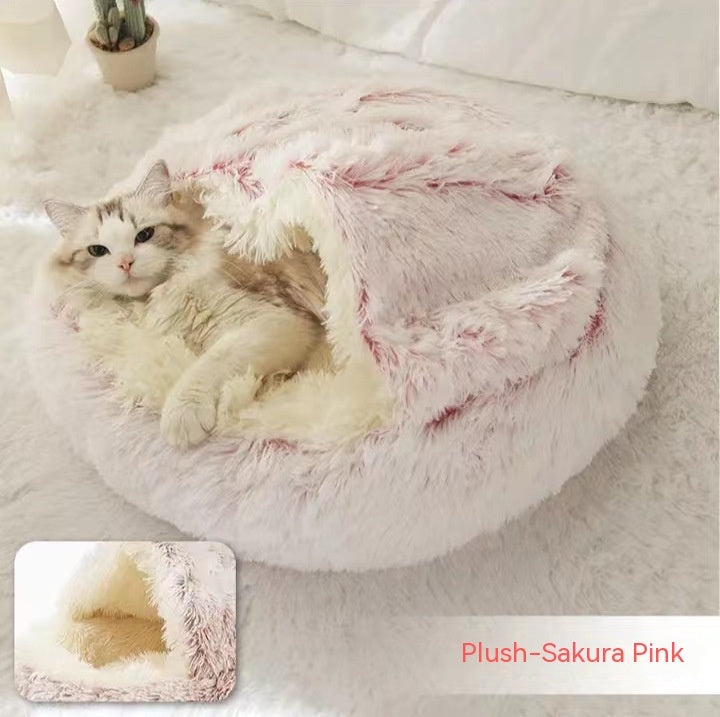 2 In 1 Round Plush Warm Pet Bed House For Winter Comfort
