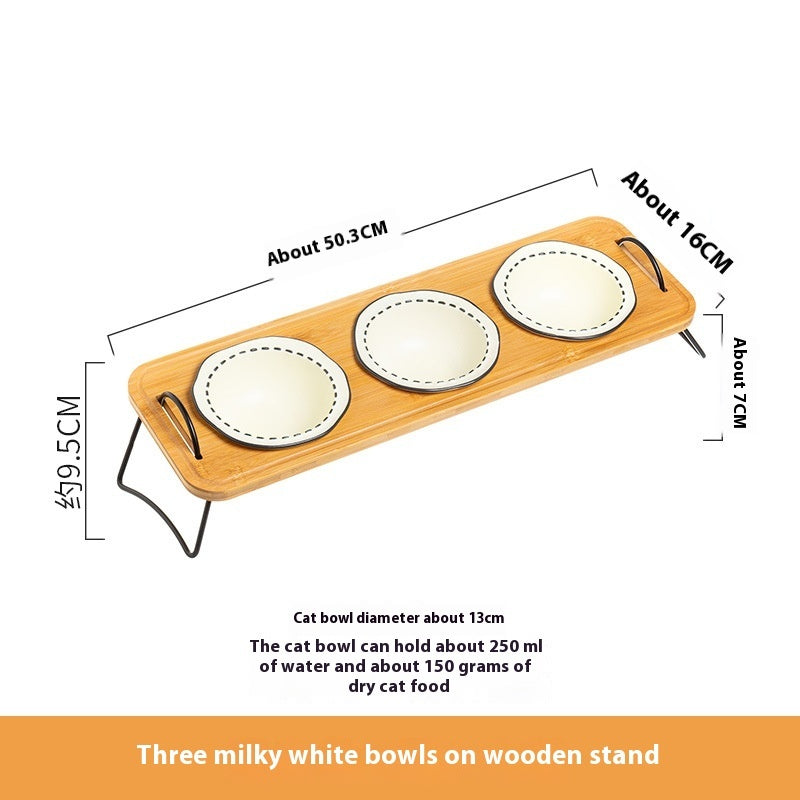 Pet Wooden Ceramic Bowl Rack Anti-Tumble Feeding Water Station
