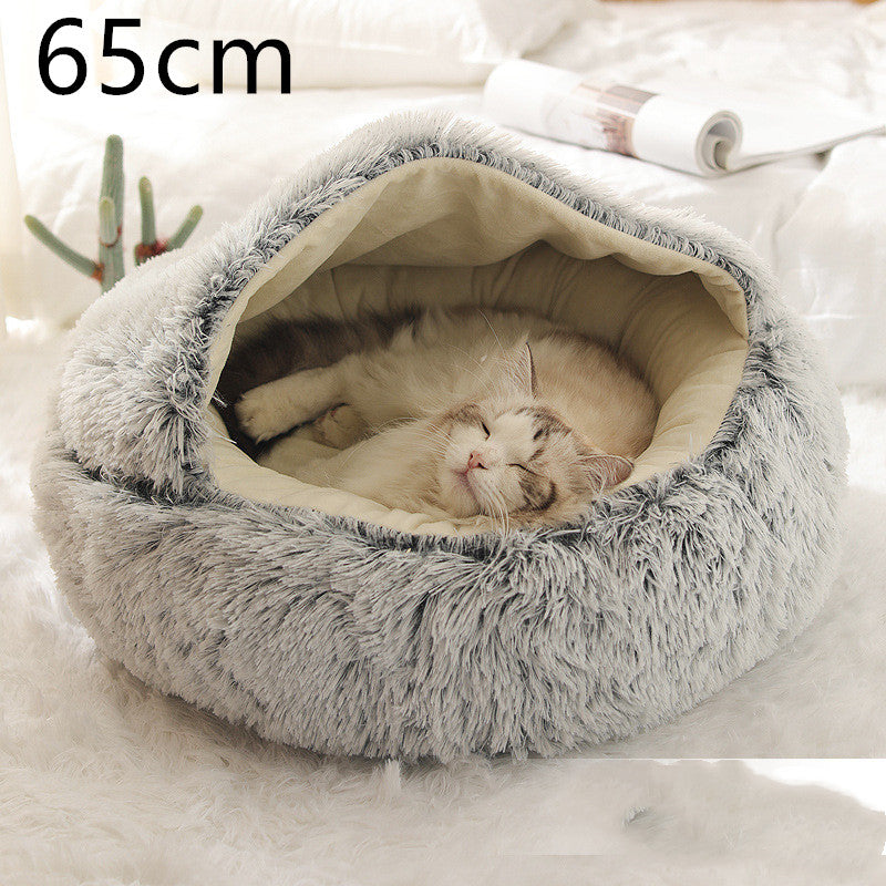 2 In 1 Round Plush Warm Pet Bed House For Winter Comfort