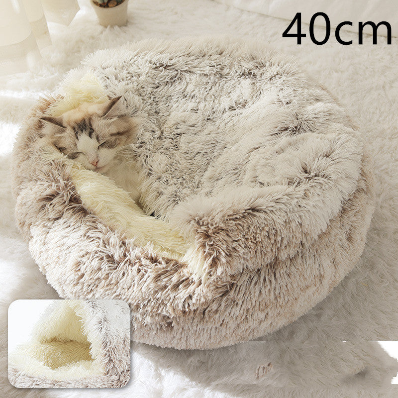 2 In 1 Round Plush Warm Pet Bed House For Winter Comfort
