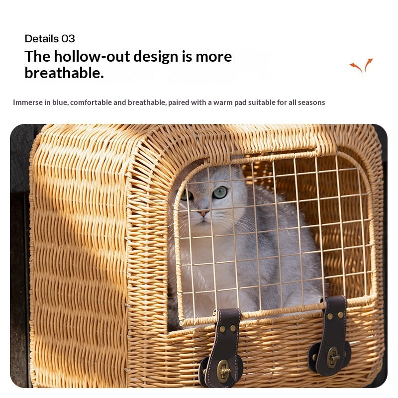Pet Woven Rattan Carrier Bag Ventilated Portable Travel Design