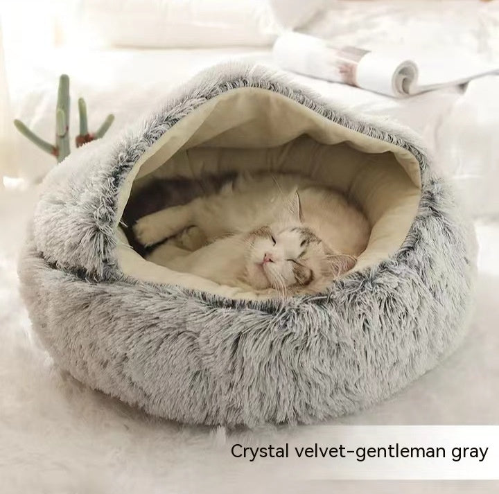 2 In 1 Round Plush Warm Pet Bed House For Winter Comfort