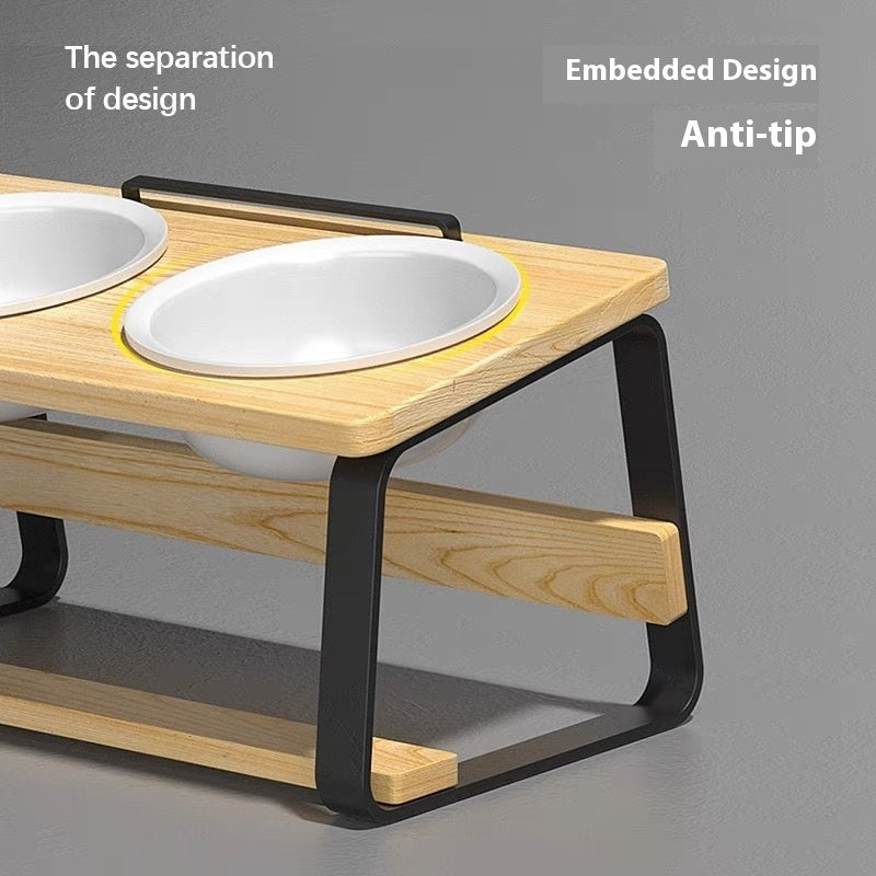Pet Wooden Ceramic Bowl Rack Anti-Tumble Feeding Water Station