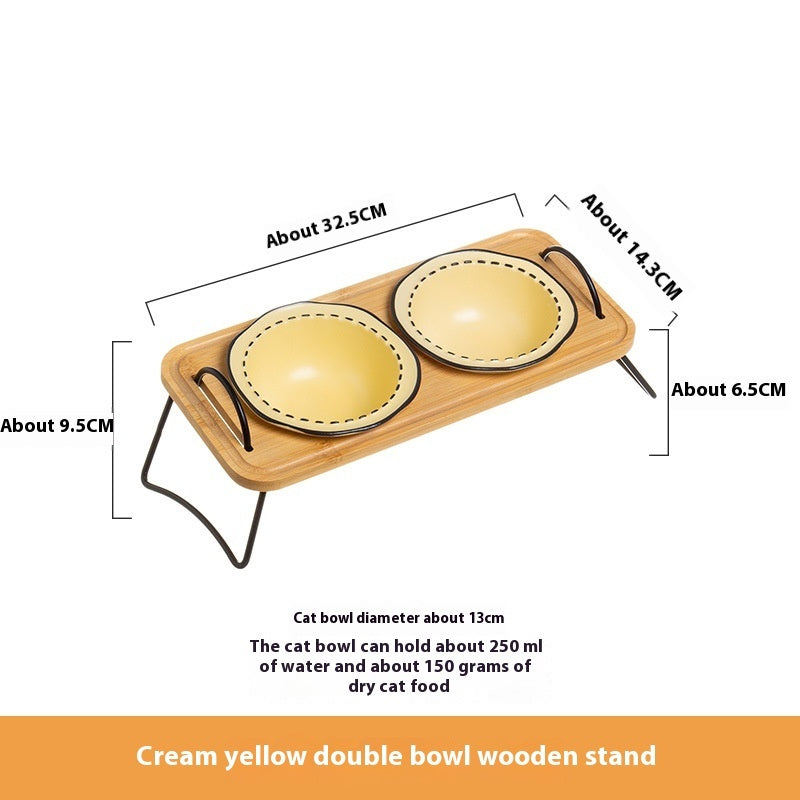 Pet Wooden Ceramic Bowl Rack Anti-Tumble Feeding Water Station