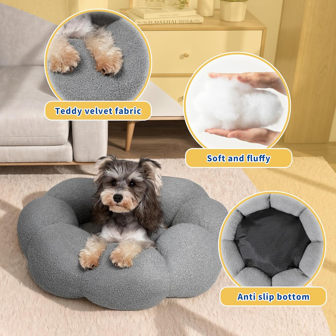 Fluffy Flower Plush Round Pet Bed Calming Cuddler Cushion