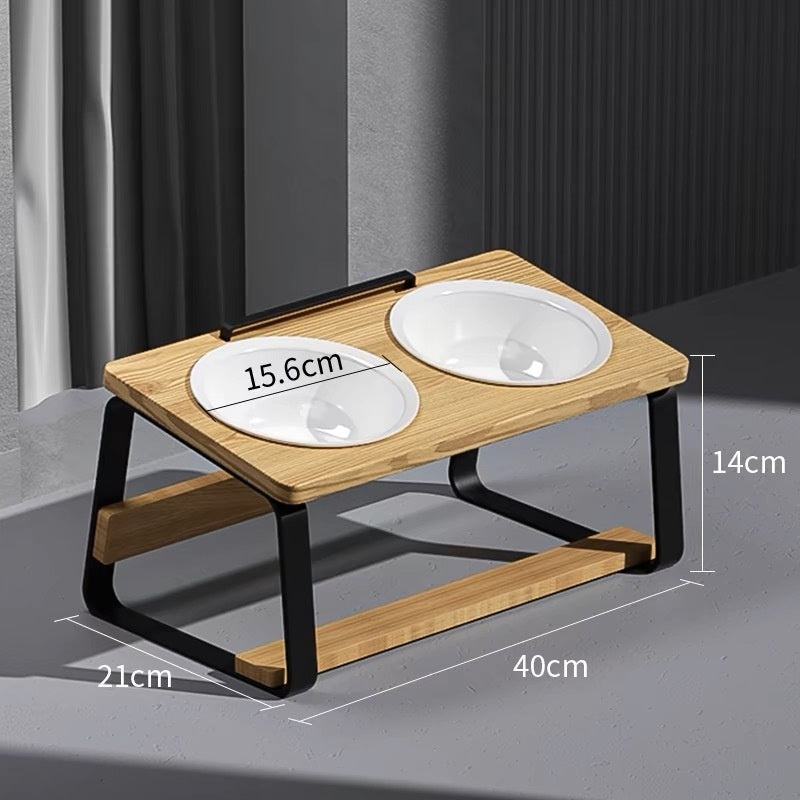 Pet Wooden Ceramic Bowl Rack Anti-Tumble Feeding Water Station