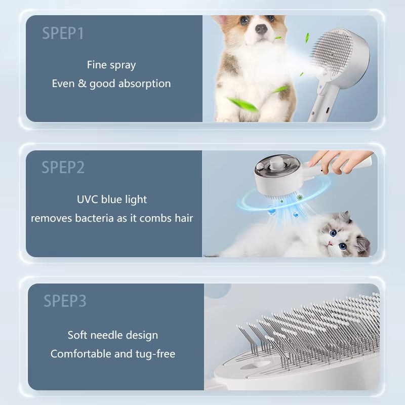 Electric Steam Pet Grooming Brush 3 In 1 Spray Comb