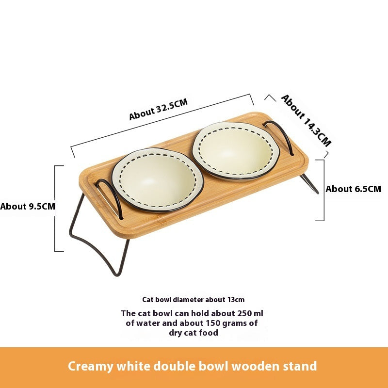 Pet Wooden Ceramic Bowl Rack Anti-Tumble Feeding Water Station