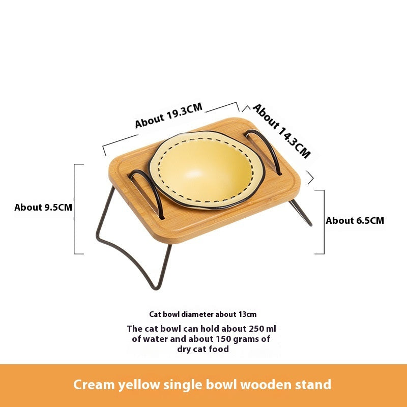 Pet Wooden Ceramic Bowl Rack Anti-Tumble Feeding Water Station