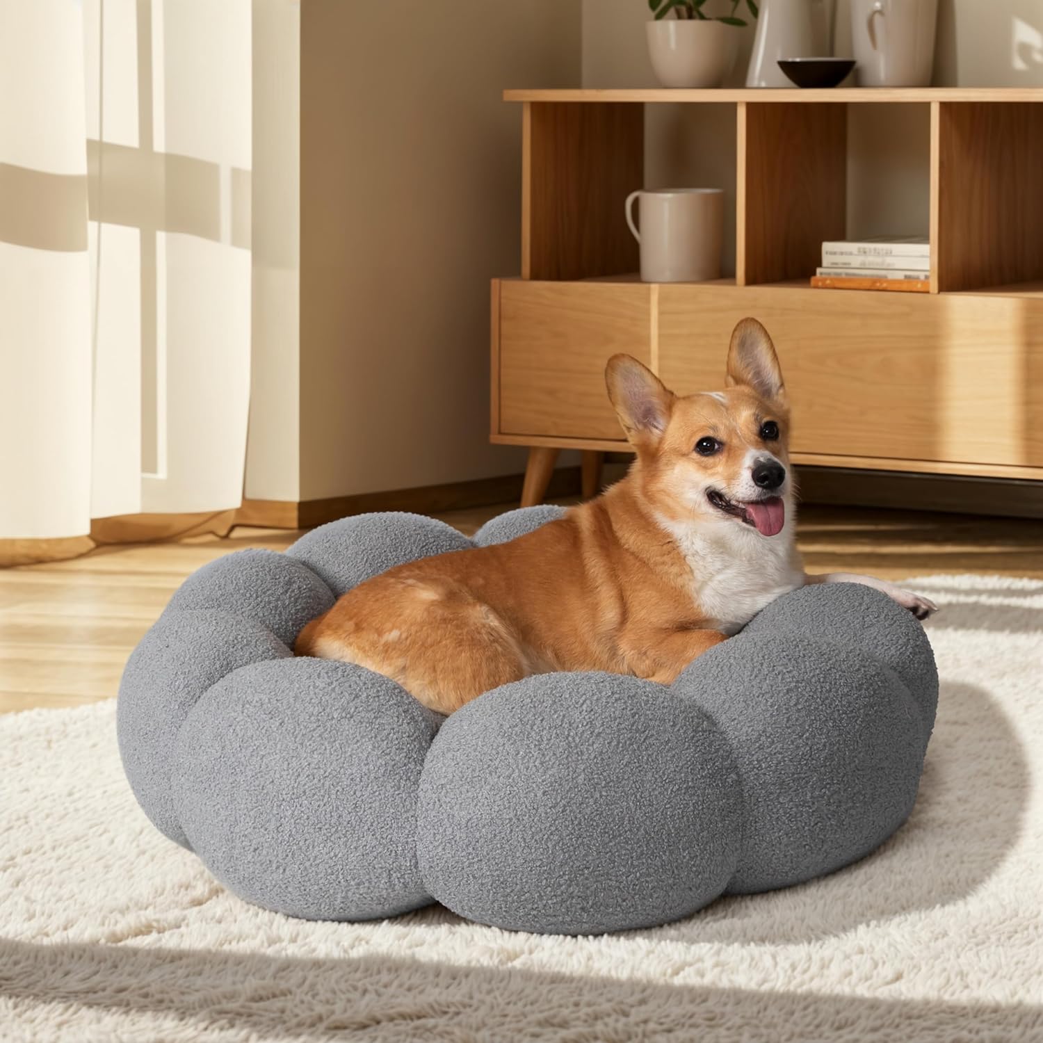Fluffy Flower Plush Round Pet Bed Calming Cuddler Cushion
