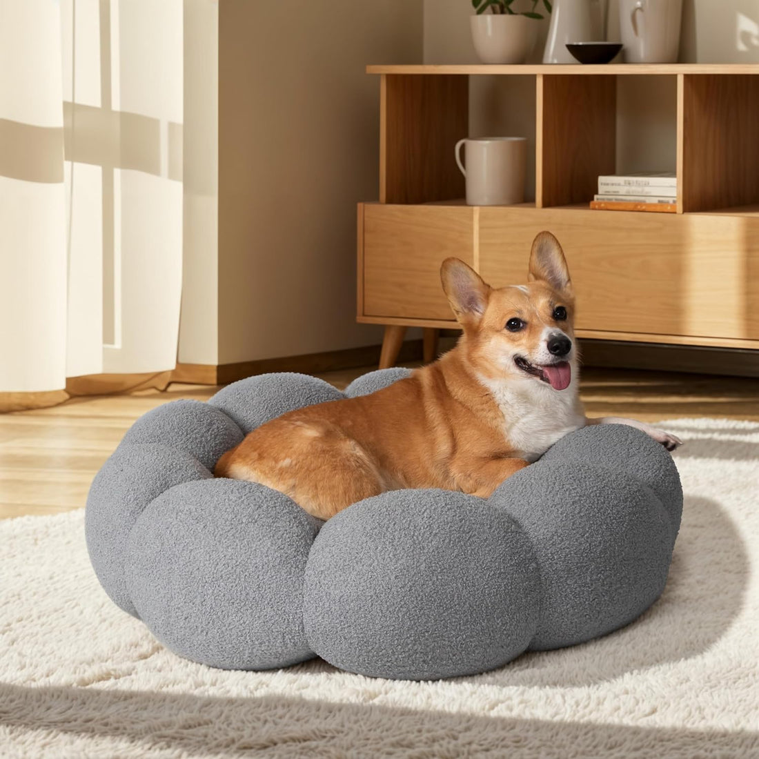 Fluffy Flower Plush Round Pet Bed Calming Cuddler Cushion