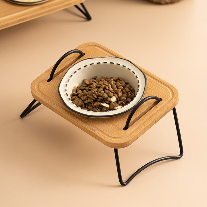 Pet Wooden Ceramic Bowl Rack Anti-Tumble Feeding Water Station