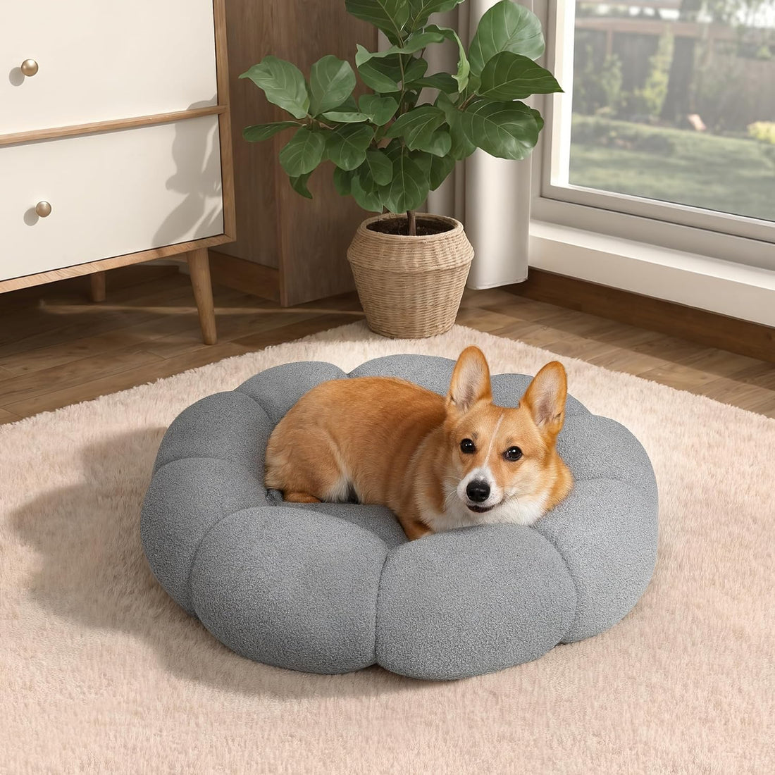 Fluffy Flower Plush Round Pet Bed Calming Cuddler Cushion
