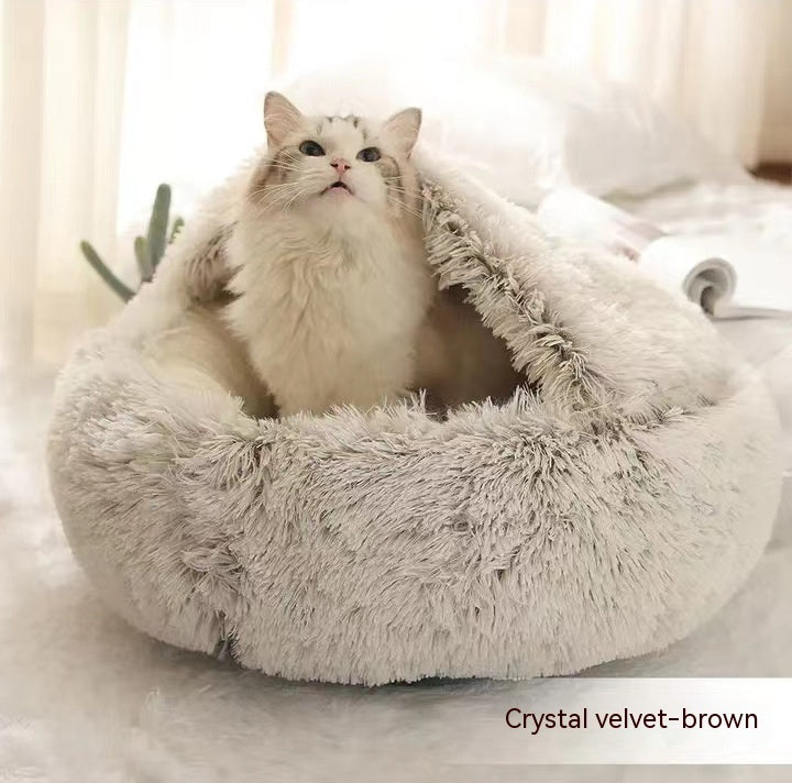 2 In 1 Round Plush Warm Pet Bed House For Winter Comfort