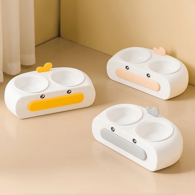 Duck Design Pet Double Feeding Bowl Tray Set