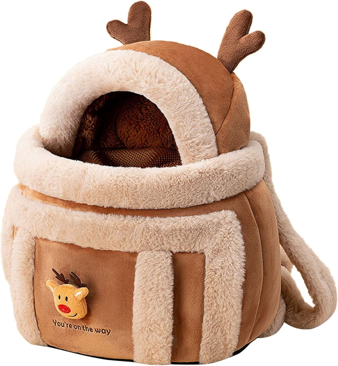 Pet Carrier Backpack Winter Plush Reindeer Travel Bag With Hand Warmers
