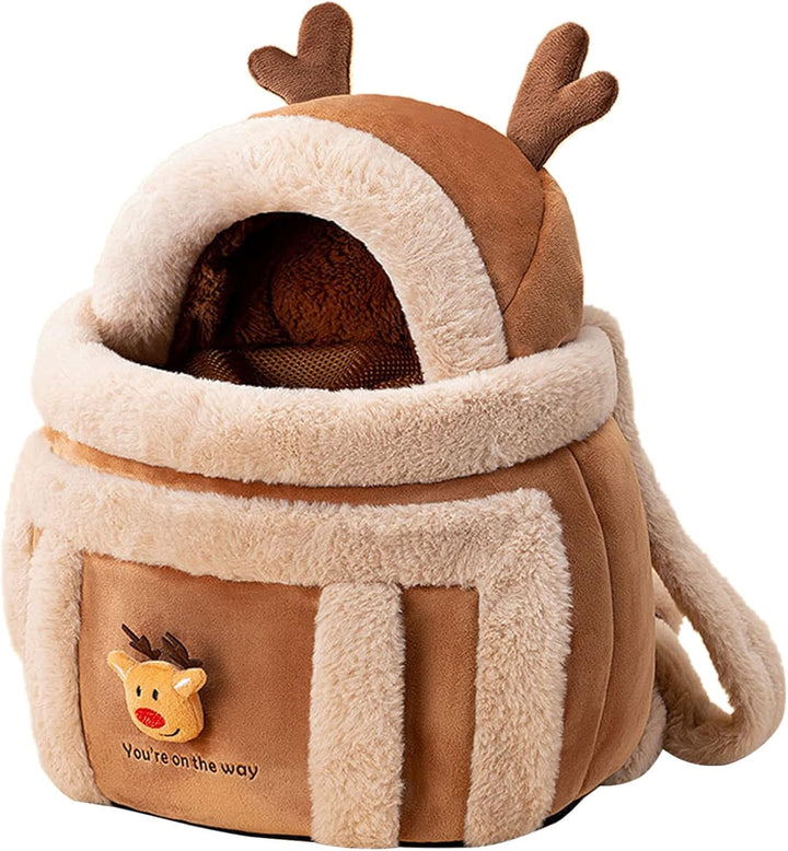 Pet Carrier Backpack Winter Plush Reindeer Travel Bag With Hand Warmers