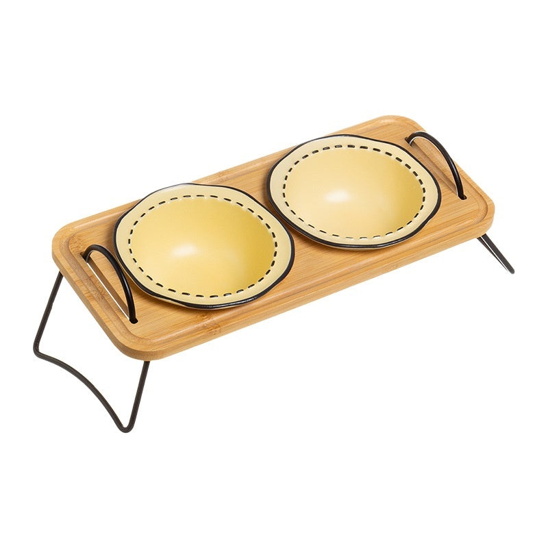 Pet Wooden Ceramic Bowl Rack Anti-Tumble Feeding Water Station