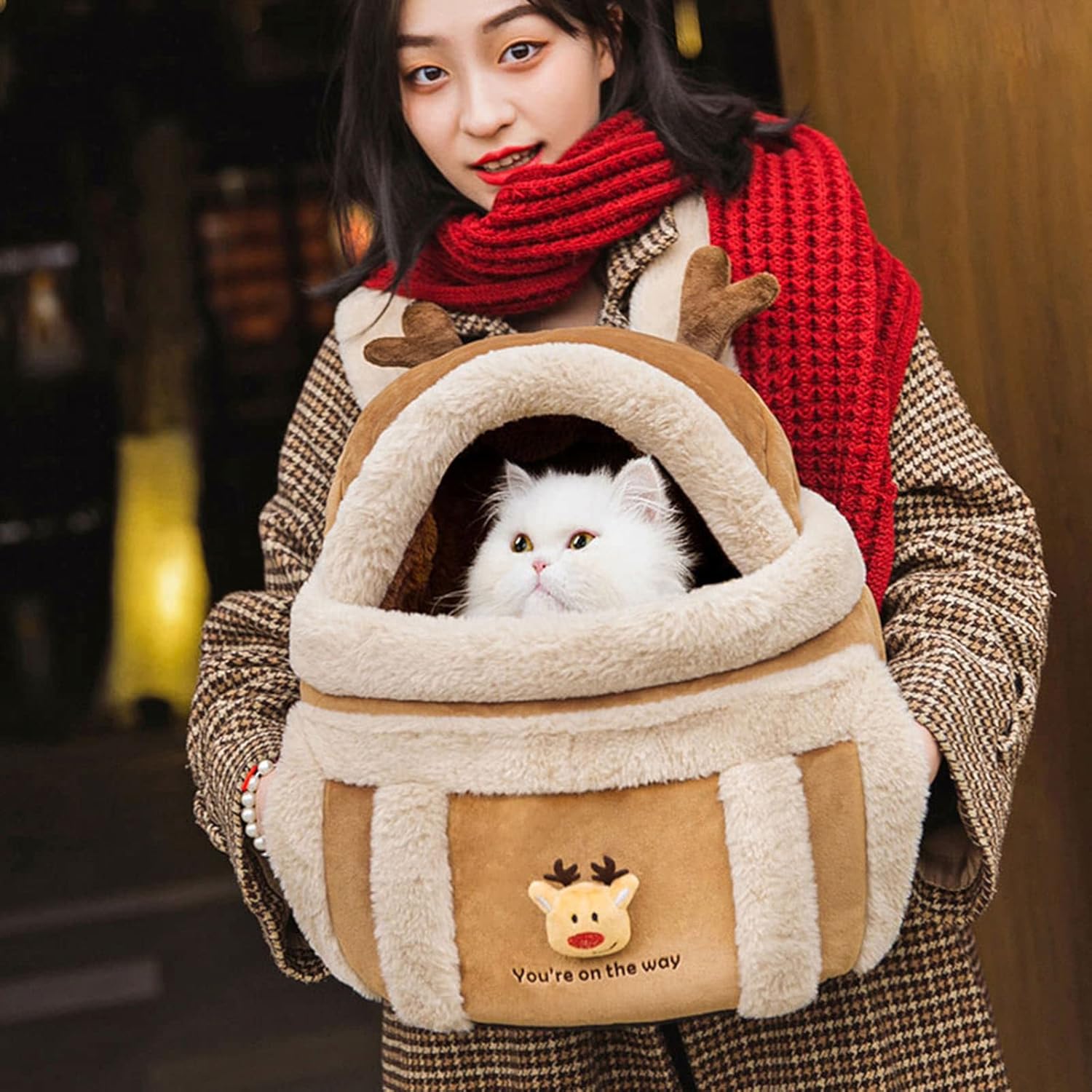 Pet Carrier Backpack Winter Plush Reindeer Travel Bag With Hand Warmers