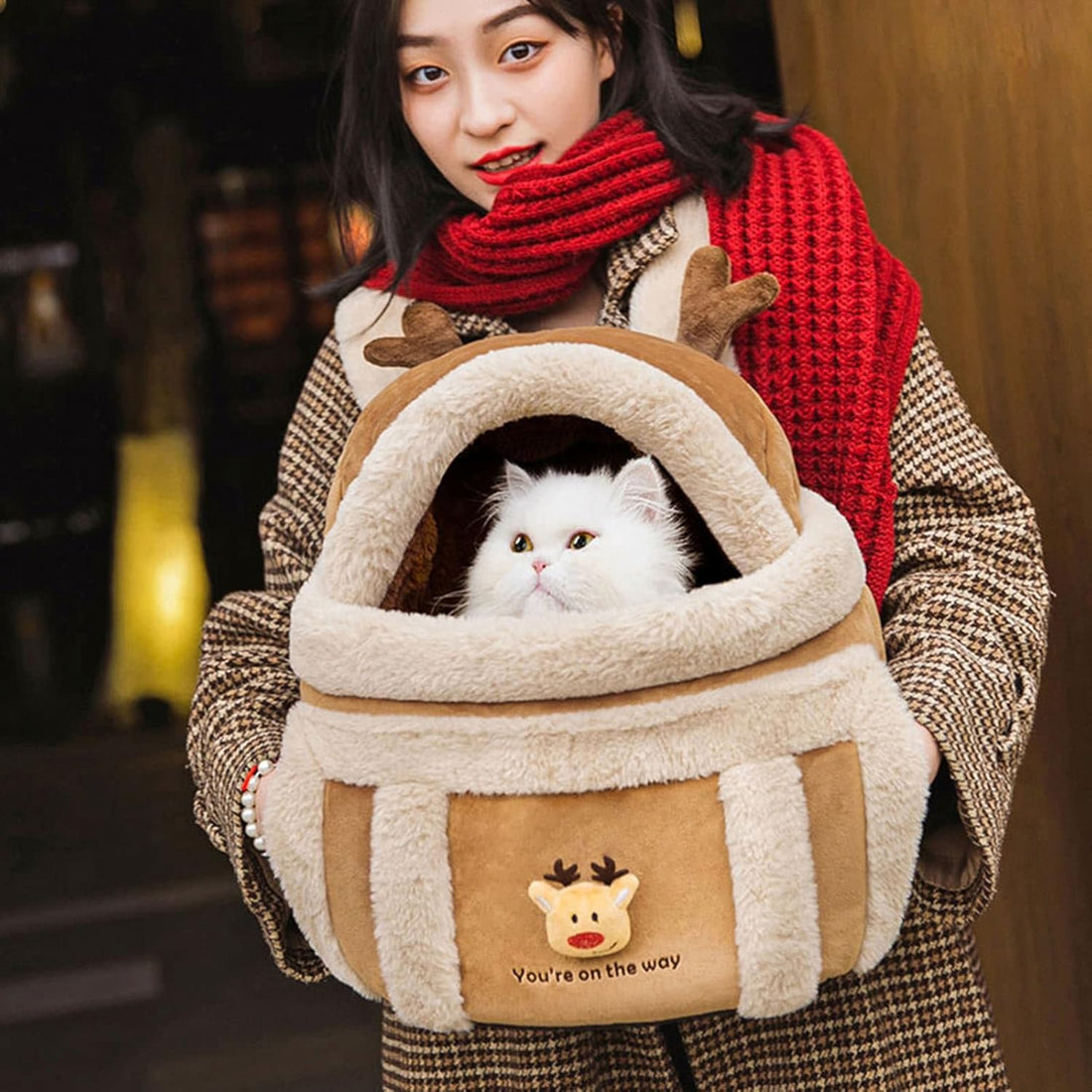 Pet Carrier Backpack Winter Plush Reindeer Travel Bag With Hand Warmers