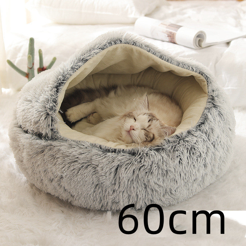 2 In 1 Round Plush Warm Pet Bed House For Winter Comfort