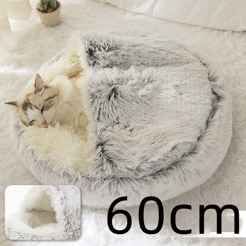 2 In 1 Round Plush Warm Pet Bed House For Winter Comfort