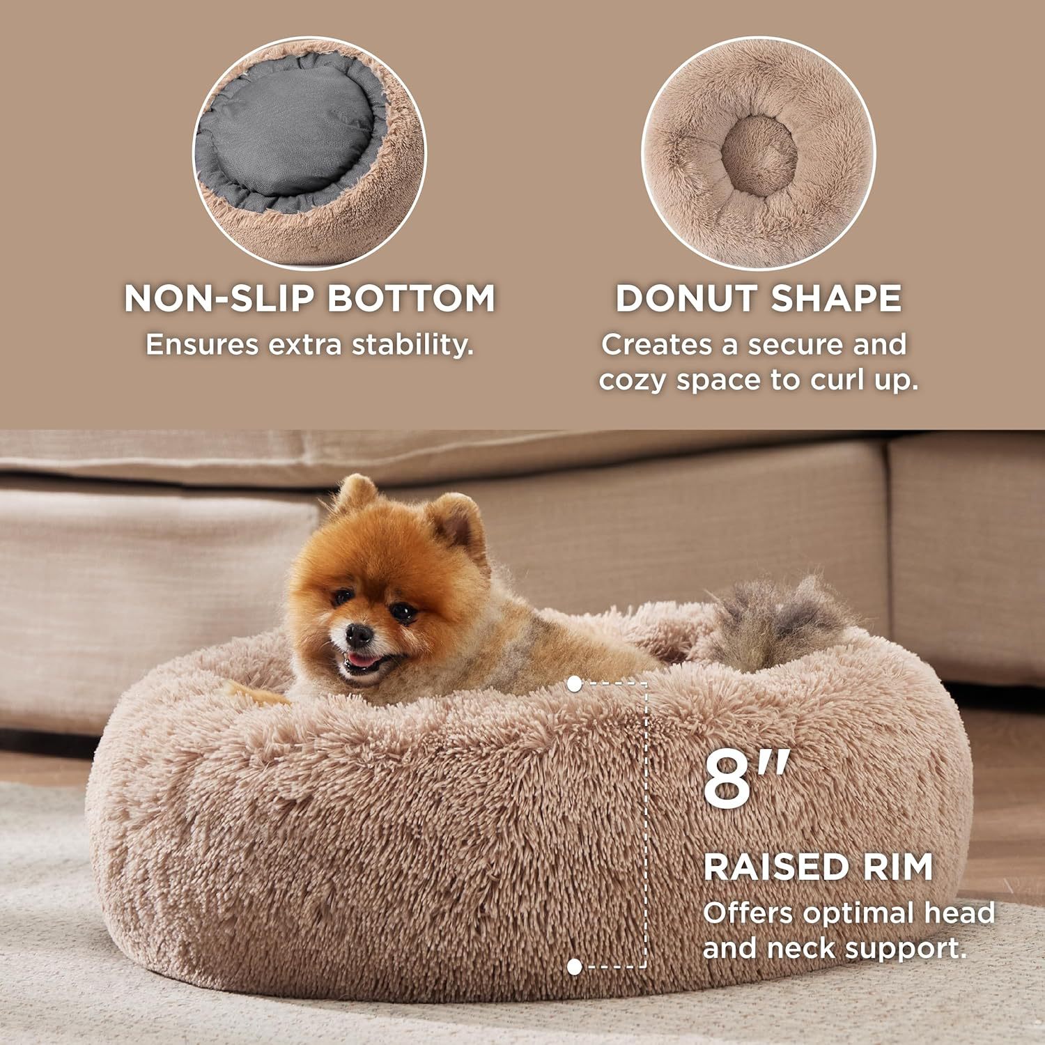 Pet Round Plush Bed Non-Slip Soft Fluffy Indoor Nest