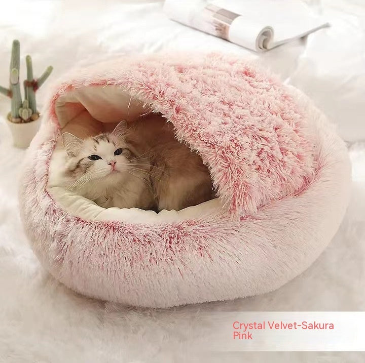 2 In 1 Round Plush Warm Pet Bed House For Winter Comfort