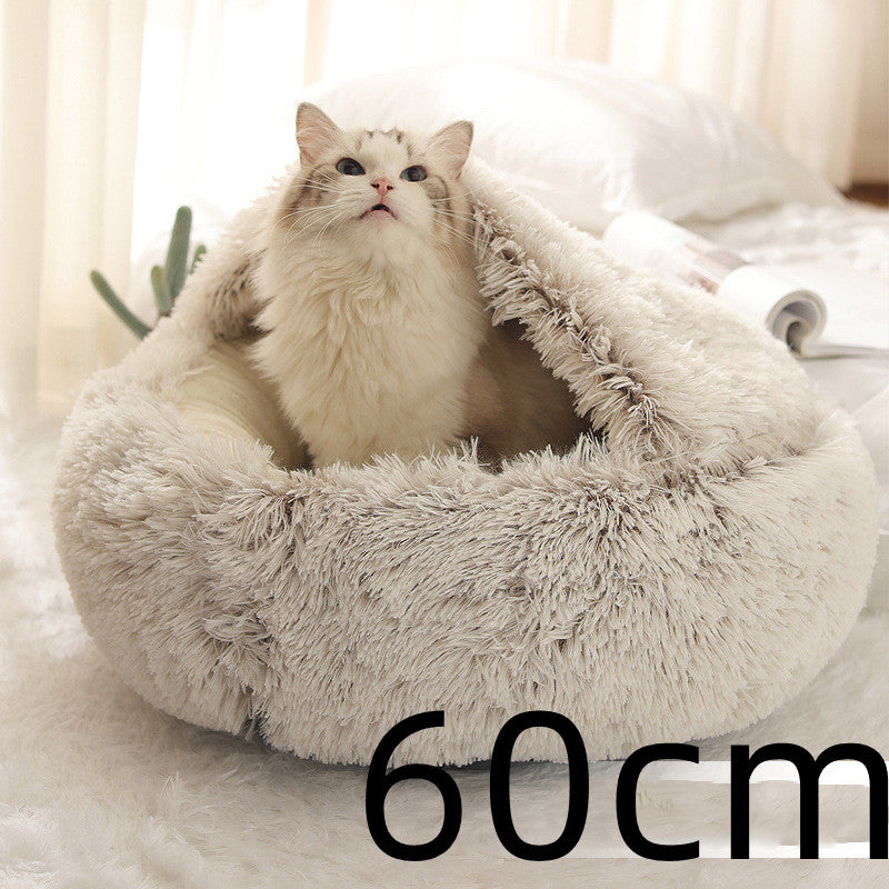 2 In 1 Round Plush Warm Pet Bed House For Winter Comfort
