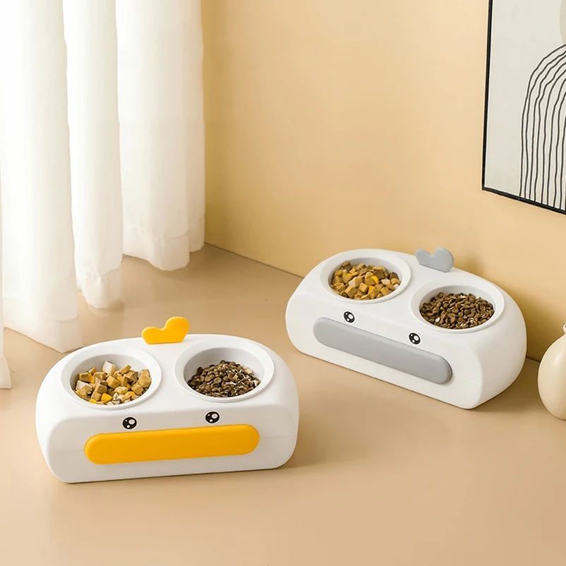 Duck Design Pet Double Feeding Bowl Tray Set