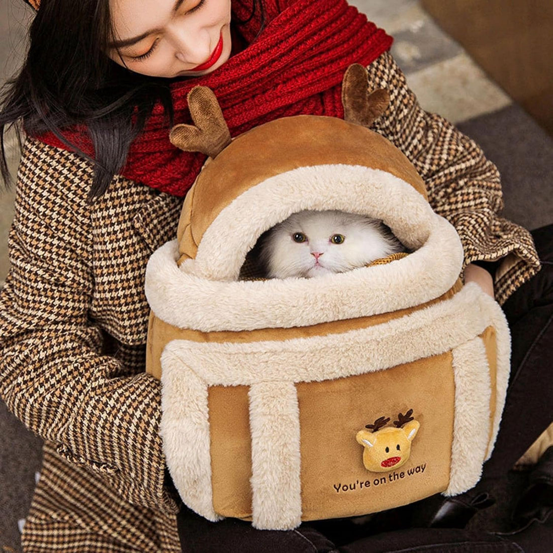 Pet Carrier Backpack Winter Plush Reindeer Travel Bag With Hand Warmers