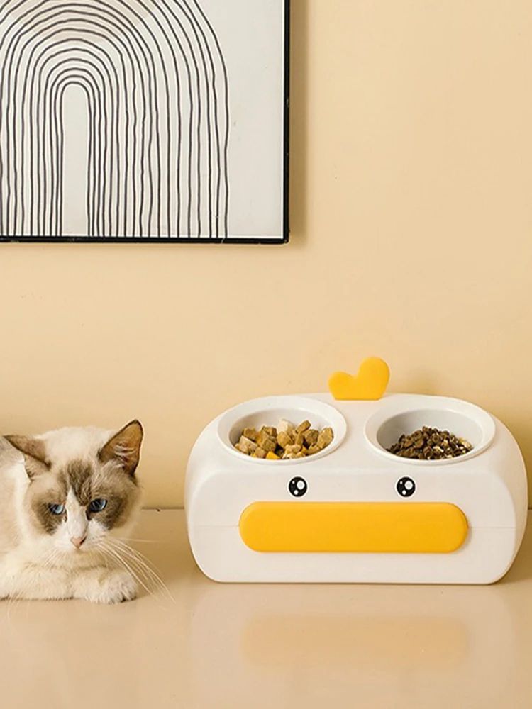 Duck Design Pet Double Feeding Bowl Tray Set