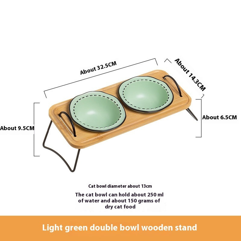 Pet Wooden Ceramic Bowl Rack Anti-Tumble Feeding Water Station