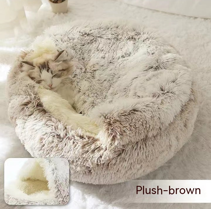 2 In 1 Round Plush Warm Pet Bed House For Winter Comfort