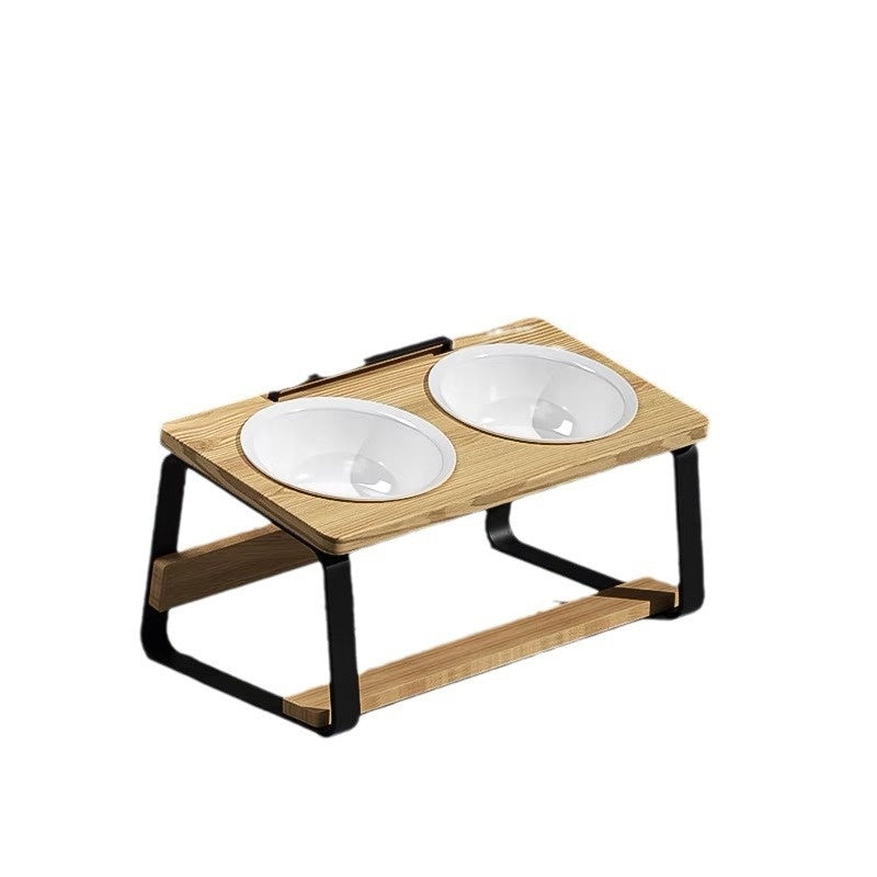 Pet Wooden Ceramic Bowl Rack Anti-Tumble Feeding Water Station
