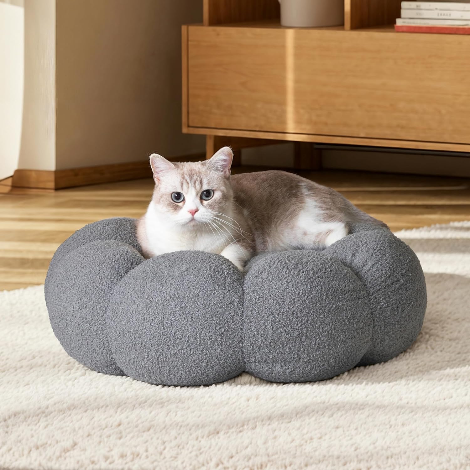 Fluffy Flower Plush Round Pet Bed Calming Cuddler Cushion