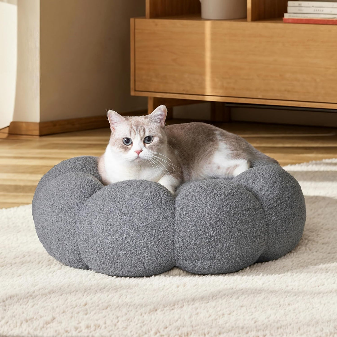 Fluffy Flower Plush Round Pet Bed Calming Cuddler Cushion
